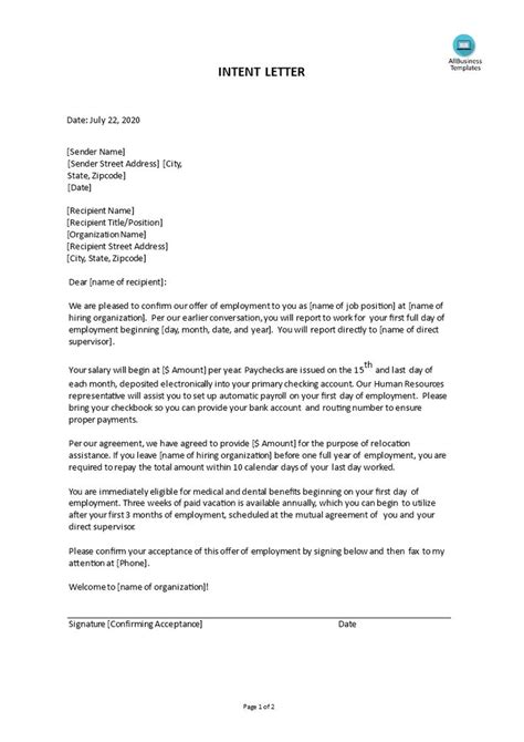write  intent letter  employment  email