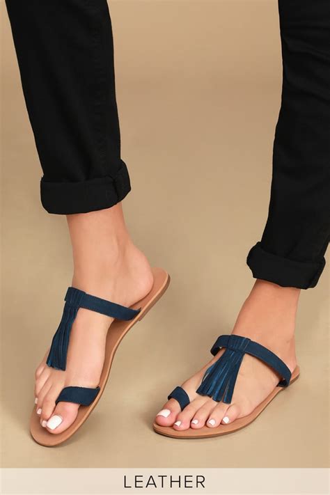 cute blue leather sandals tassel sandals navy flat sandals lulus