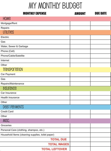 printable budget template monthly