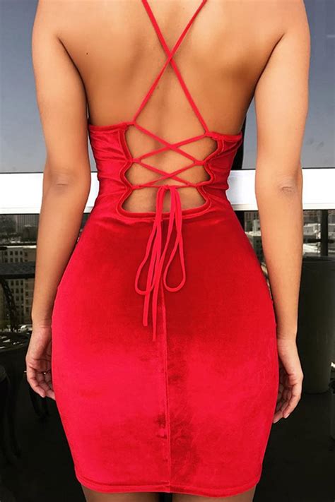red lace up strappy backless sexy velvet bodycon dress