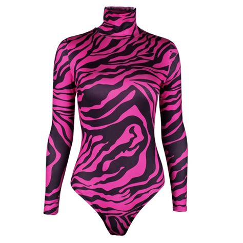 New Sexy Women Bodysuit Zebra Print Turtleneck Long Sleeve Bodysuit