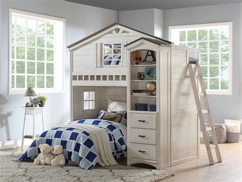 acme furniture tree house loft bed  weathered white  washed gray walmartcom