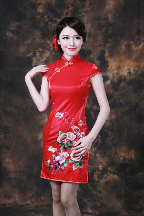 ravishing peony flowers embroidery red qipao cheongsam dress qipao