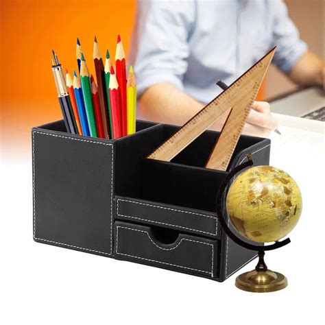 black pu leather  pencil box holder desktop remote storage box home office stationery