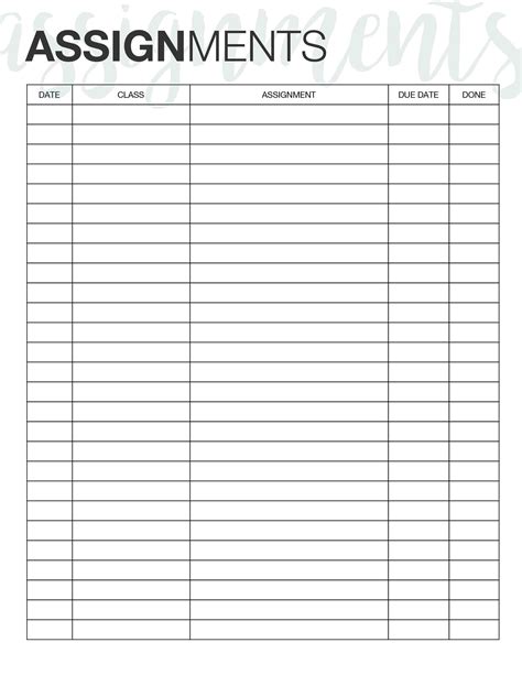 assignment tracker printable  printable templates
