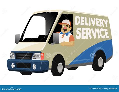 cartoon delivery service worker driving  delivery truck van stock