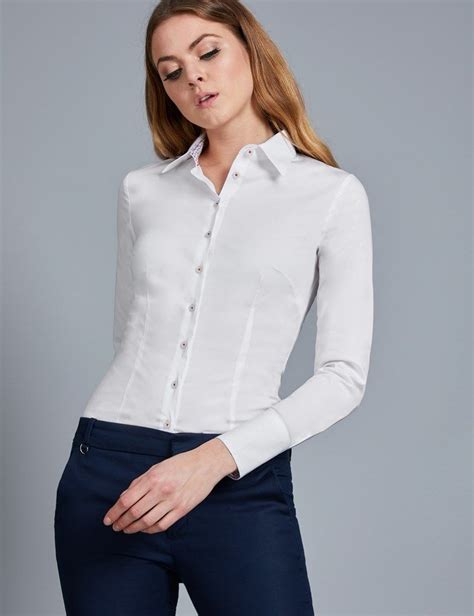 Womens White Fitted Stretch Shirt With Contrast Detail Single Cuff