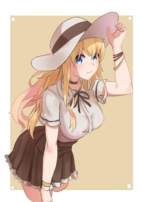 1girl absurdres blonde hair blue eyes breasts casual elach elf hat