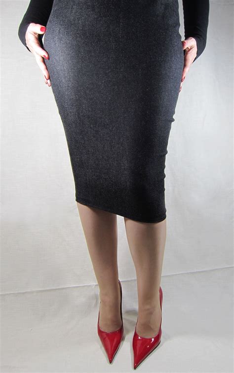 flic kr p cw62a3 black denim knee hobble skirt and red patent