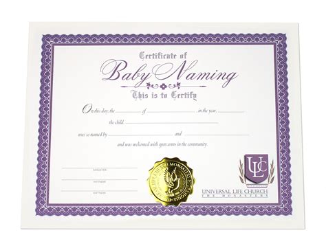 baby naming certificate  ordained