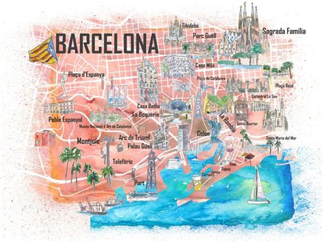 barcelona illustrierte reisekarte mit hauptstrassen etsyde reis kaarten bezienswaardigheden