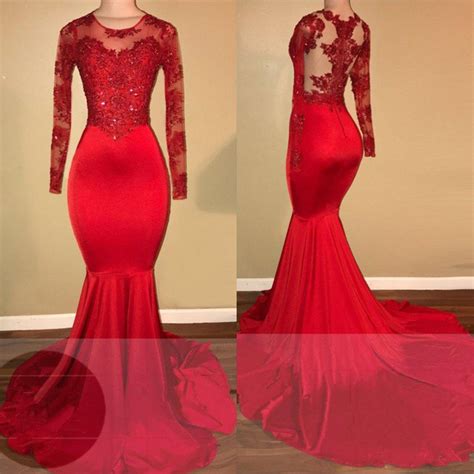 red lace mermaid prom dress long sleeve evening dresses