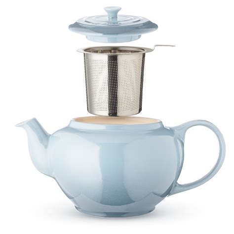 le creuset stoneware teapot  ss infuser coastal blue peters