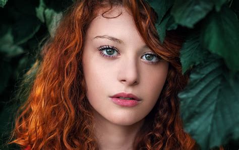 Women Redhead Looking At Viewer Long Hair Makeup Portrait Leaves