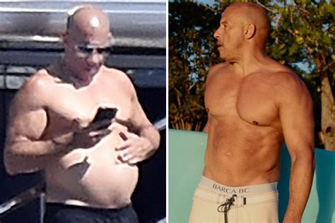 vin diesel  unrecognizable   shirtless    actor rubs  belly