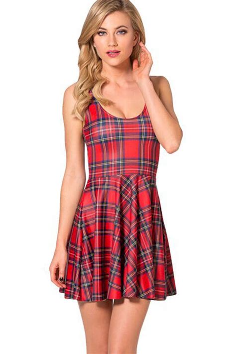 Red Scoop Neck Plaid Print Pleated Dress 016289 Casual