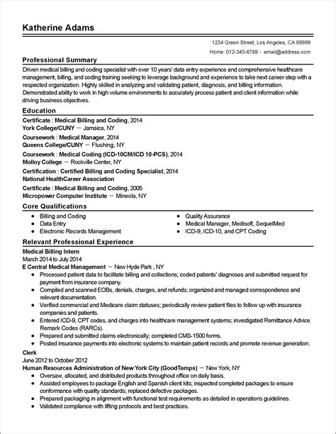 medical billing coding resume sample entry level printable resume