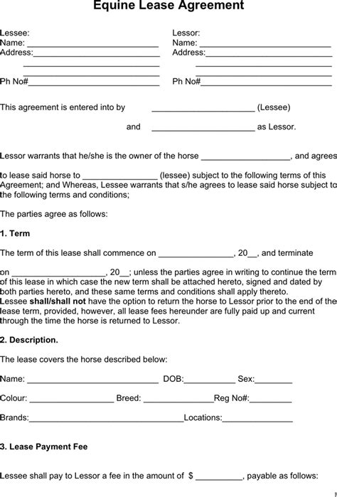 horse lease agreement template   speedy template