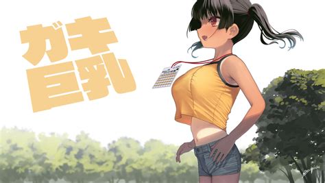 safebooru 1girl black hair blue shorts breasts camisole fang highres