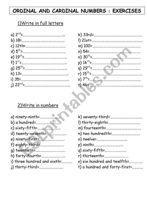 english worksheets ordinal and cardinal numbers