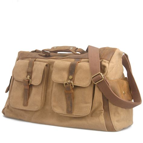 vintage large handmade superior leather canvas travel bag tote luggage duffle bag