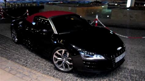 audi r8 v10 convertible black with red roof walk around