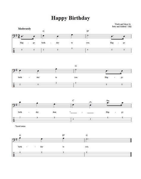 Happy Birthday Bass Guitar Sheet Music And Tab With Chords And Lyrics