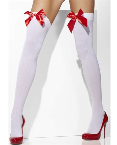 thigh high stockings with red bow white one size adult halloween