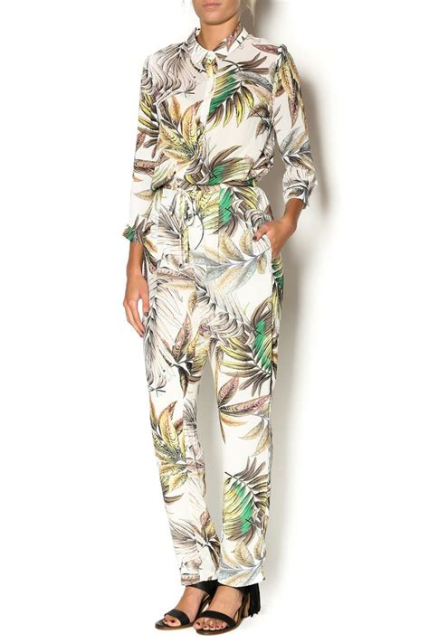 hawaiian palm printed jumpsuit  long sleeves drawstring waist   button  front