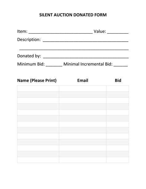 printable template  silent auction bid sheet