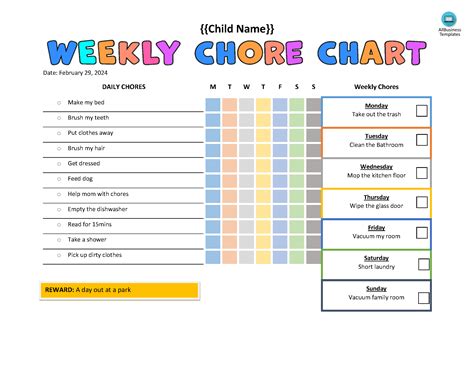 weekly chore chart  kids allbusinesstemplatescom