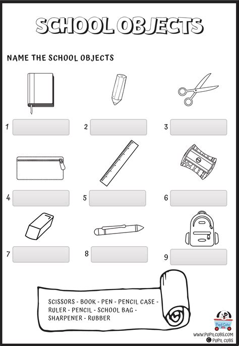 school objects esl worksheets pupil cubs