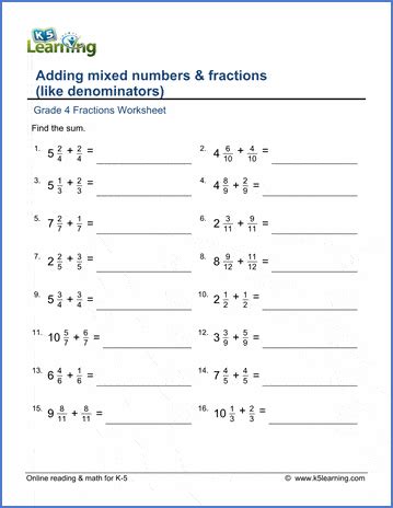 grade  math worksheets adding mixed numbers fractions  learning