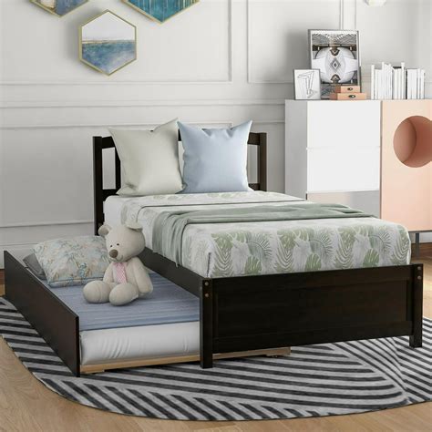 Twin Platform Bed With Trundle Solid Pine Wood Bed Frame Pull Out