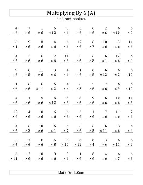 the multiplying 1 to 12 by 6 a math worksheet from the multiplication