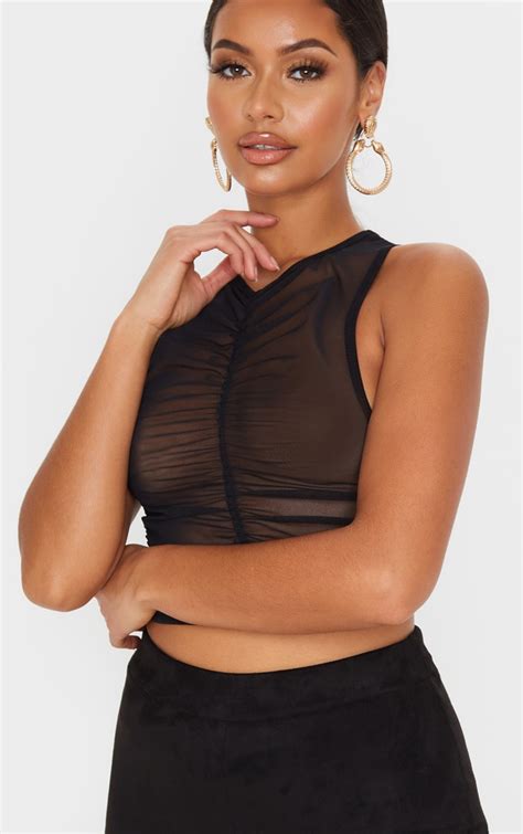 black sheer ruched front crop top tops prettylittlething