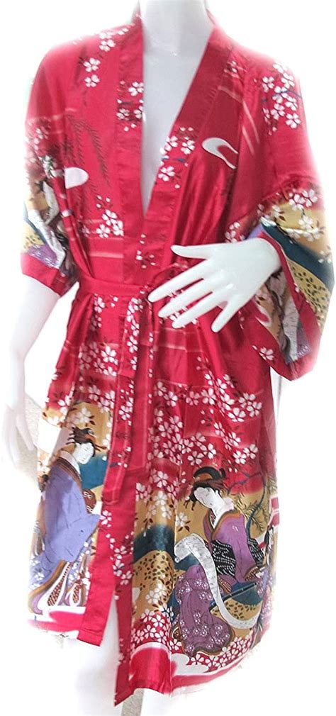 thai silk robe japanese geisha design scarlet red color