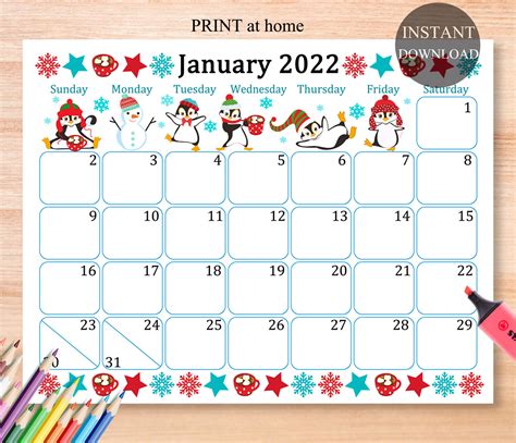january  calendar digital  monthly calendar  etsy