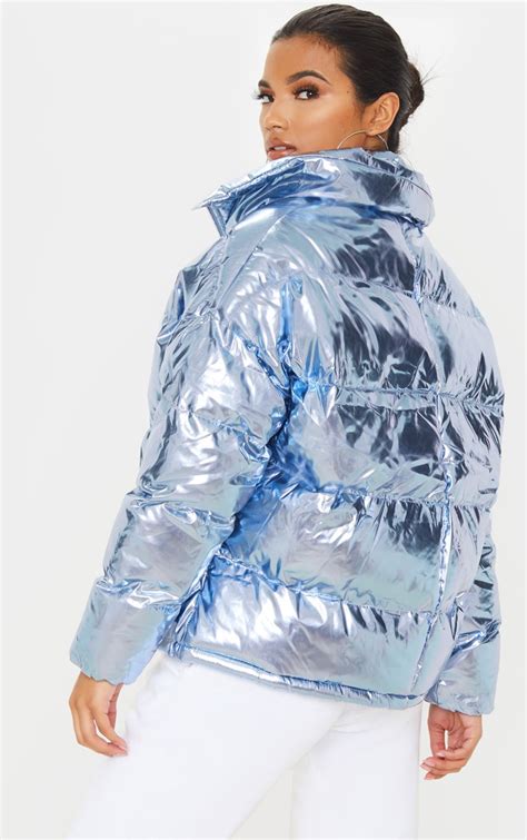 blue metallic puffer coats jackets prettylittlething