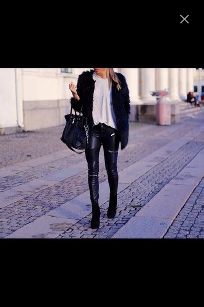 pants zip leather pants heels shoes high heels black heels leather fur bag purse