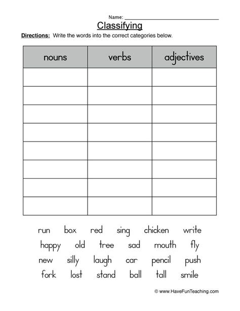 Classifying Nouns Verbs Or Adjectives Worksheet Nouns And Verbs