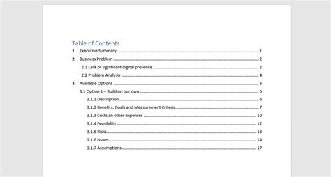 table  contents