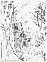 Haunted House Coloring Halloween Pages Drawing Realistic Getdrawings sketch template