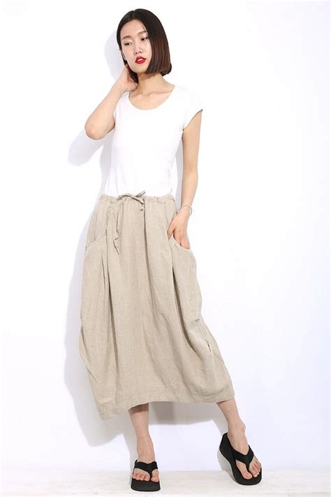casual linen skirt cream beige mid length woman s skirt etsy