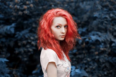 Wallpaper Face Women Redhead Model Dyed Hair Blue