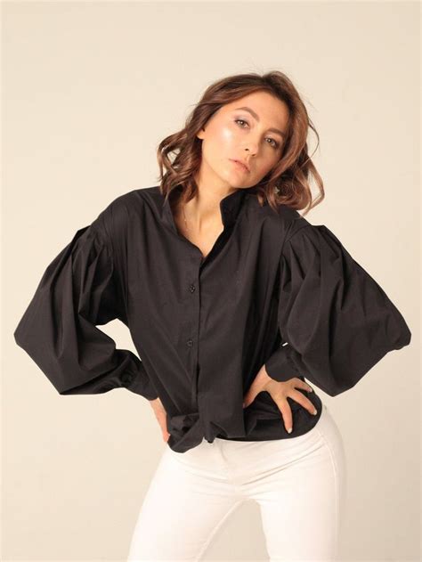 black blouse  puffy sleeves big sleeve blouse women black long sleeve button shirt