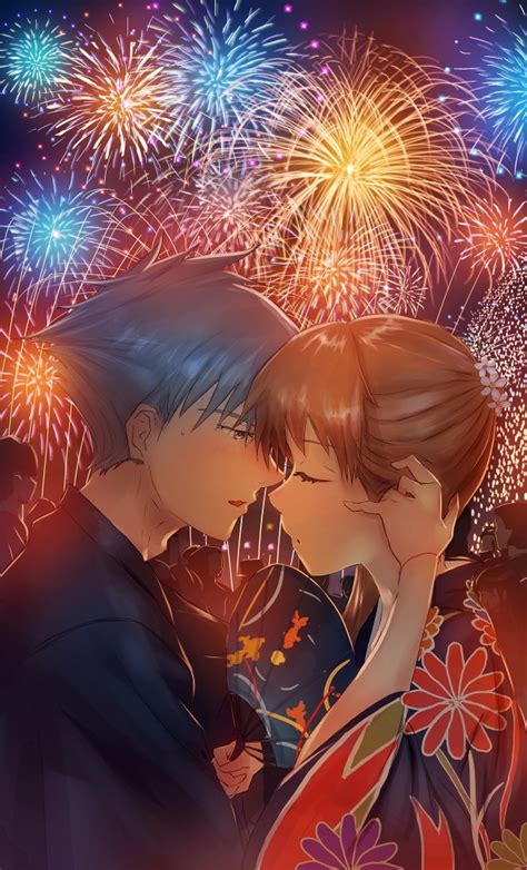 wallpaper anime couple festival kimono fireworks