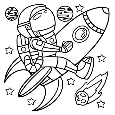astronaut riding   rocket ship coloring page stock vector