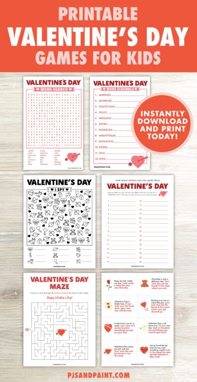 printable valentines day printable game bundle  kids pjs  paint