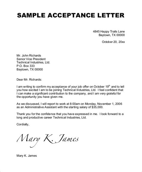 sample job acceptance letter templates  ms word